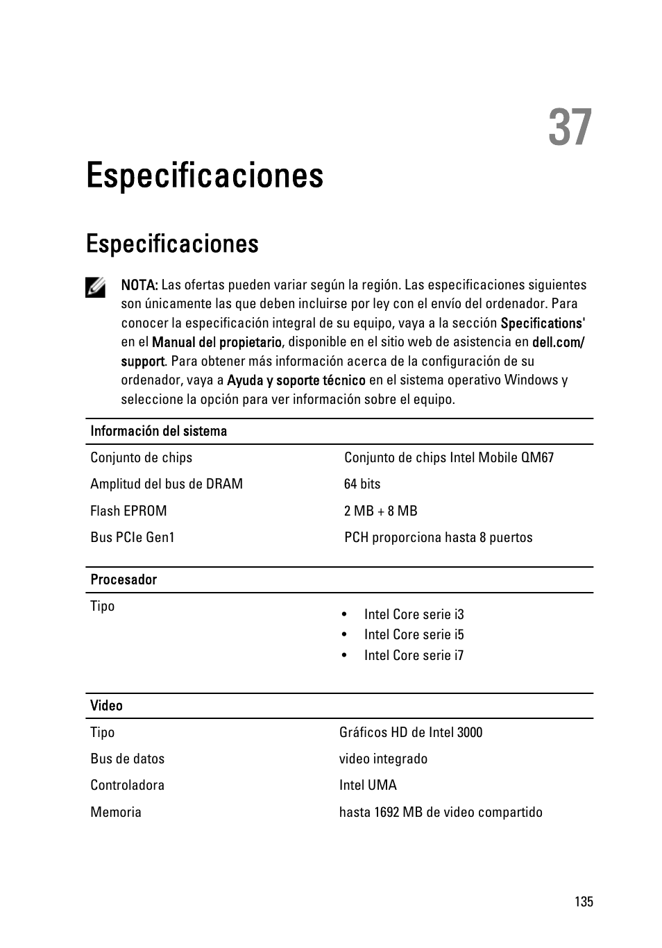 Especificaciones, 37 especificaciones | Dell Latitude XT3 (Mid 2011) User Manual | Page 135 / 155