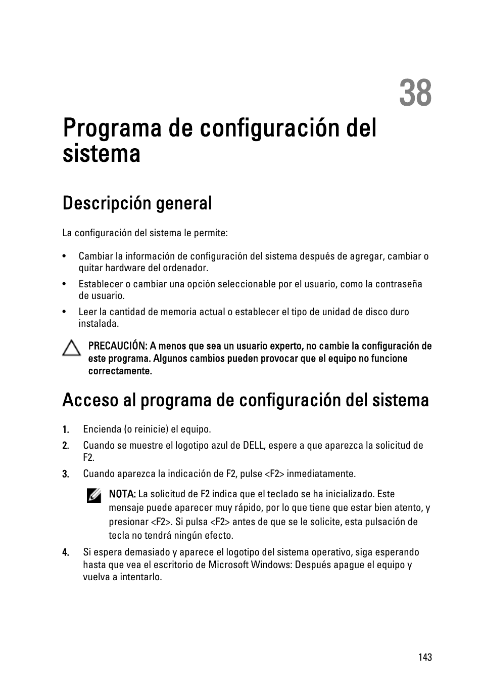 Programa de configuración del sistema, Descripción general, Acceso al programa de configuración del sistema | 38 programa de configuración del sistema | Dell Latitude XT3 (Mid 2011) User Manual | Page 143 / 155