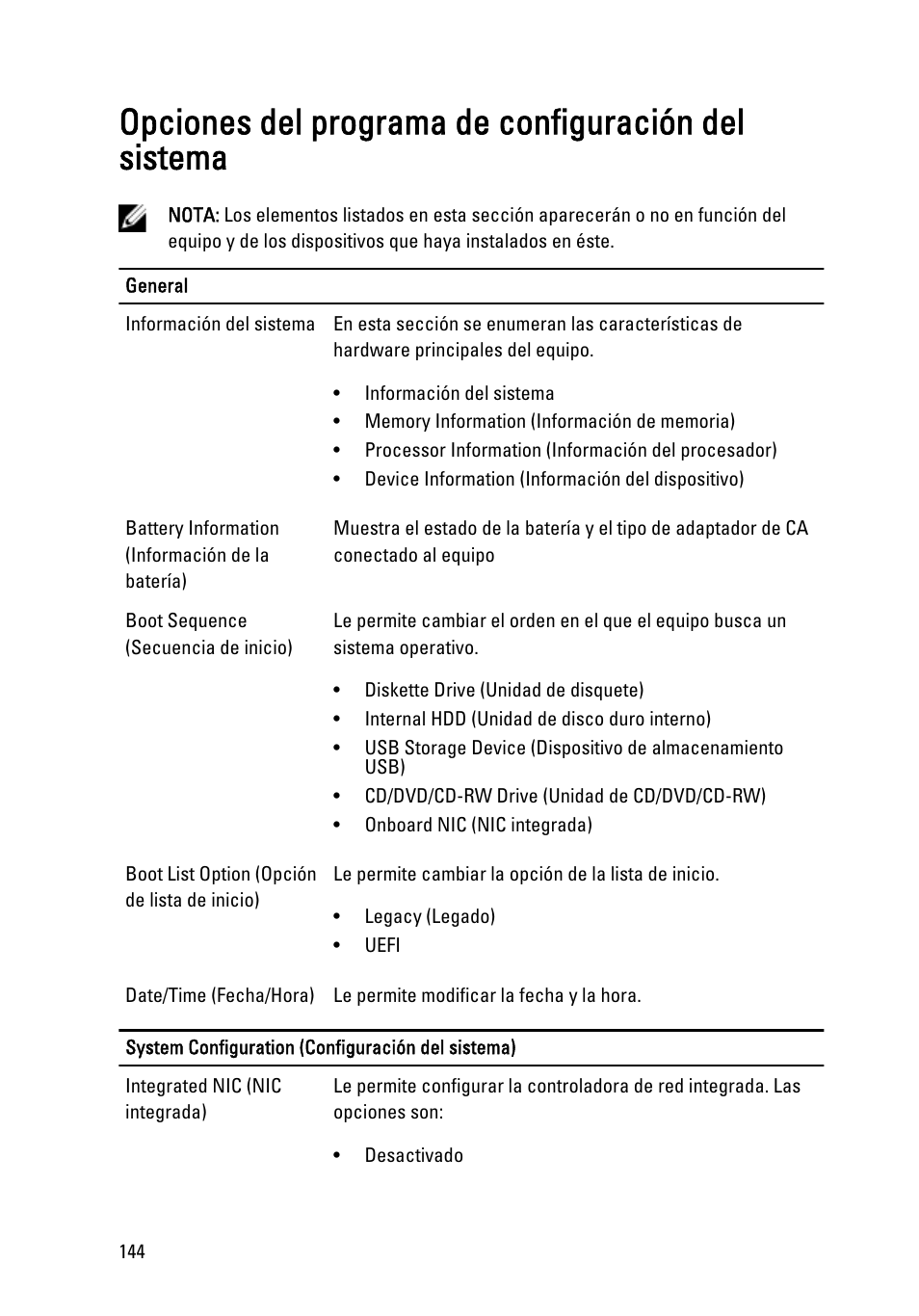 Opciones del programa de configuración del sistema | Dell Latitude XT3 (Mid 2011) User Manual | Page 144 / 155
