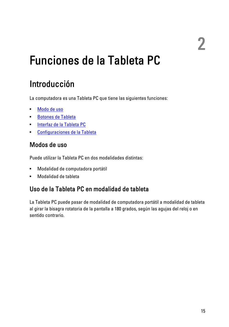 Funciones de la tableta pc, Introducción, Modos de uso | Uso de la tableta pc en modalidad de tableta, 2 funciones de la tableta pc | Dell Latitude XT3 (Mid 2011) User Manual | Page 15 / 155