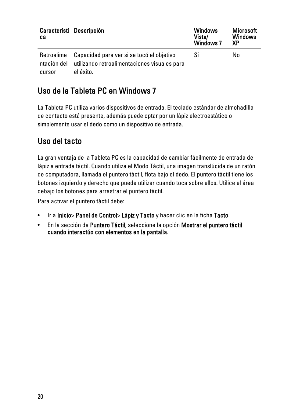 Uso de la tableta pc en windows 7, Uso del tacto | Dell Latitude XT3 (Mid 2011) User Manual | Page 20 / 155