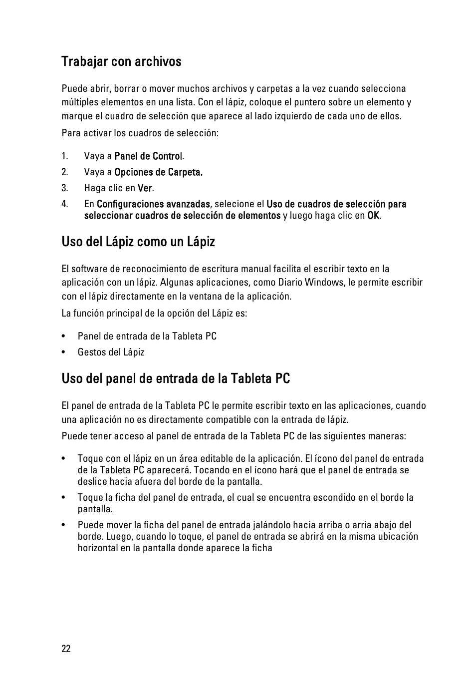 Trabajar con archivos, Uso del lápiz como un lápiz, Uso del panel de entrada de la tableta pc | Dell Latitude XT3 (Mid 2011) User Manual | Page 22 / 155