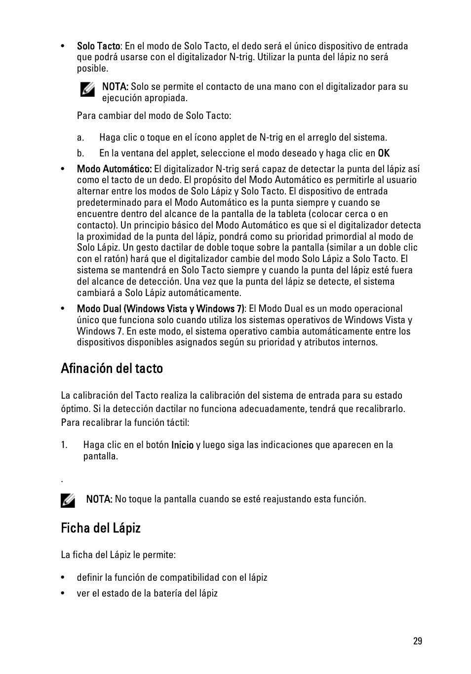 Afinación del tacto, Ficha del lápiz | Dell Latitude XT3 (Mid 2011) User Manual | Page 29 / 155