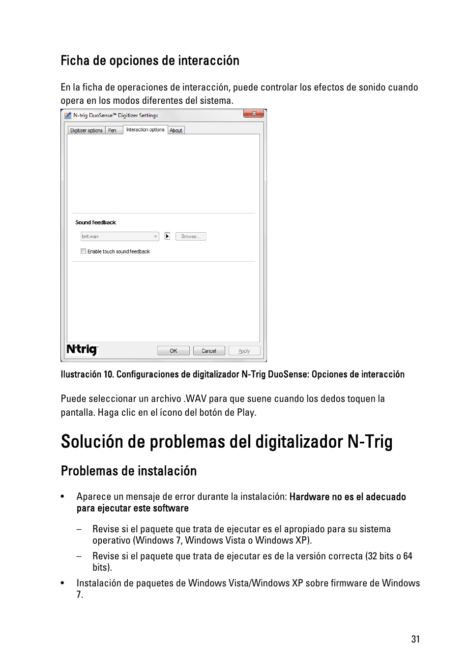 Ficha de opciones de interacción, Solución de problemas del digitalizador n-trig, Problemas de instalación | Dell Latitude XT3 (Mid 2011) User Manual | Page 31 / 155