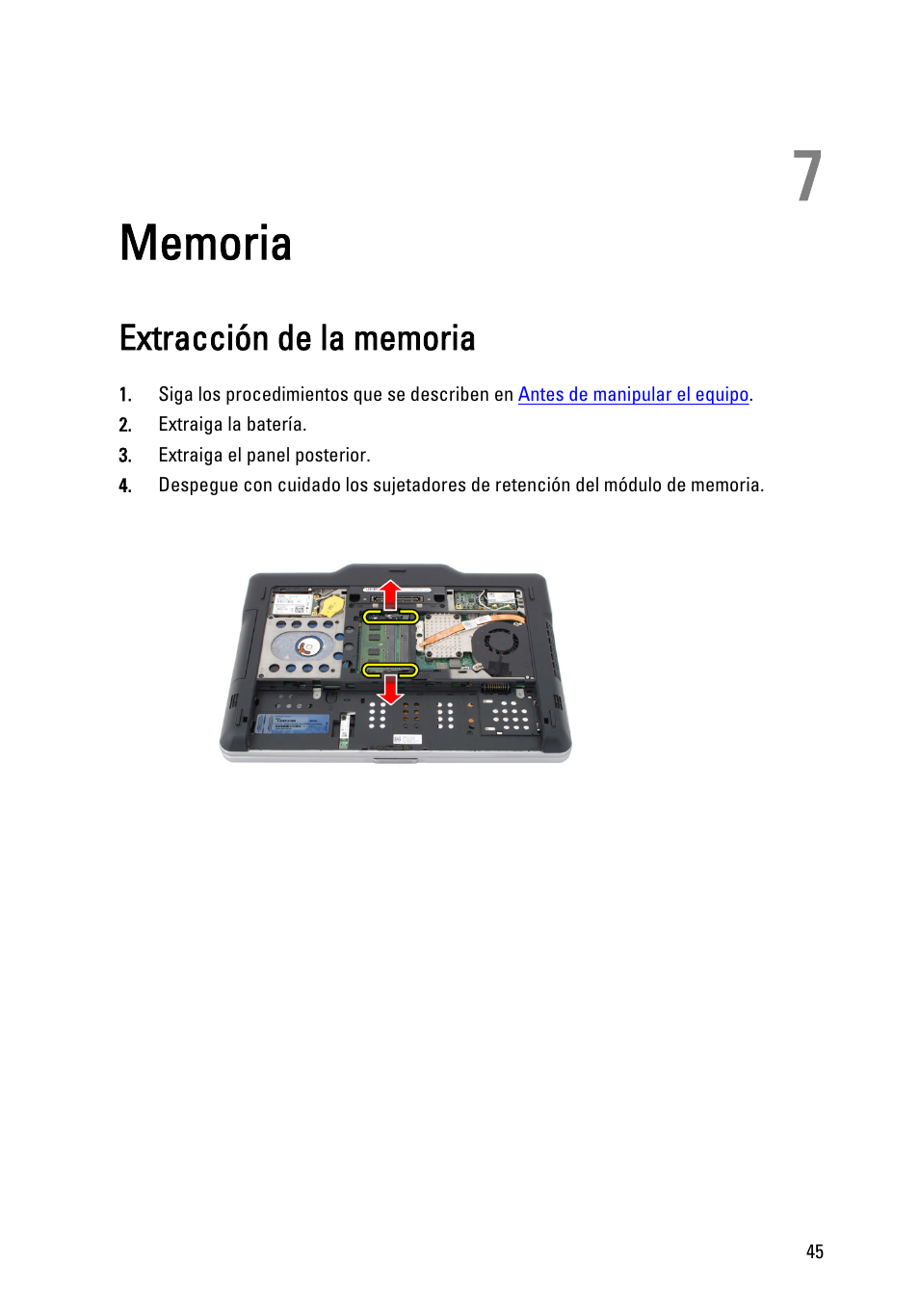 Memoria, Extracción de la memoria, 7 memoria | Dell Latitude XT3 (Mid 2011) User Manual | Page 45 / 155