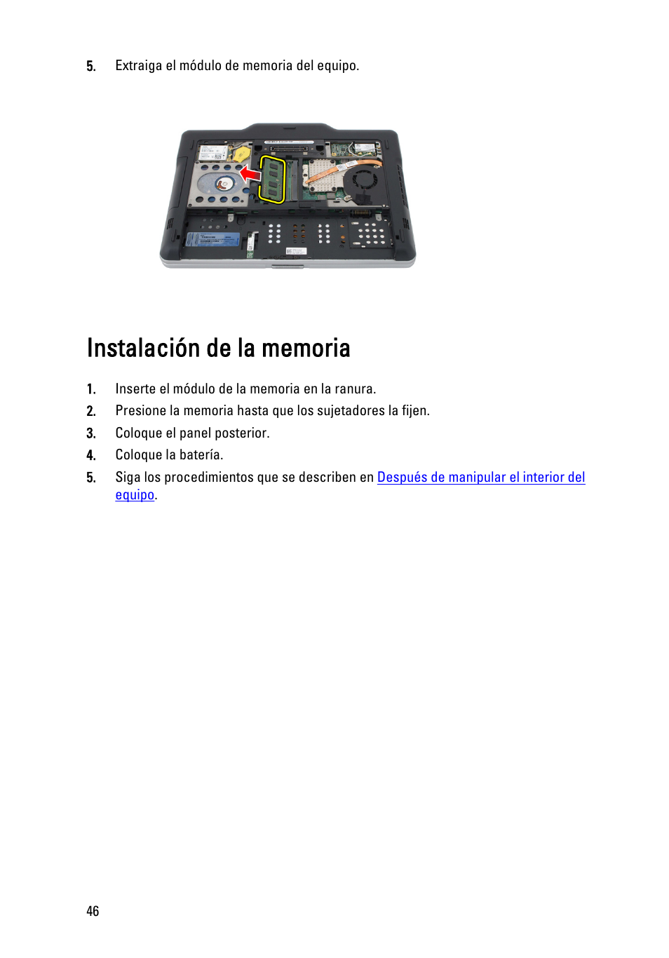Instalación de la memoria | Dell Latitude XT3 (Mid 2011) User Manual | Page 46 / 155