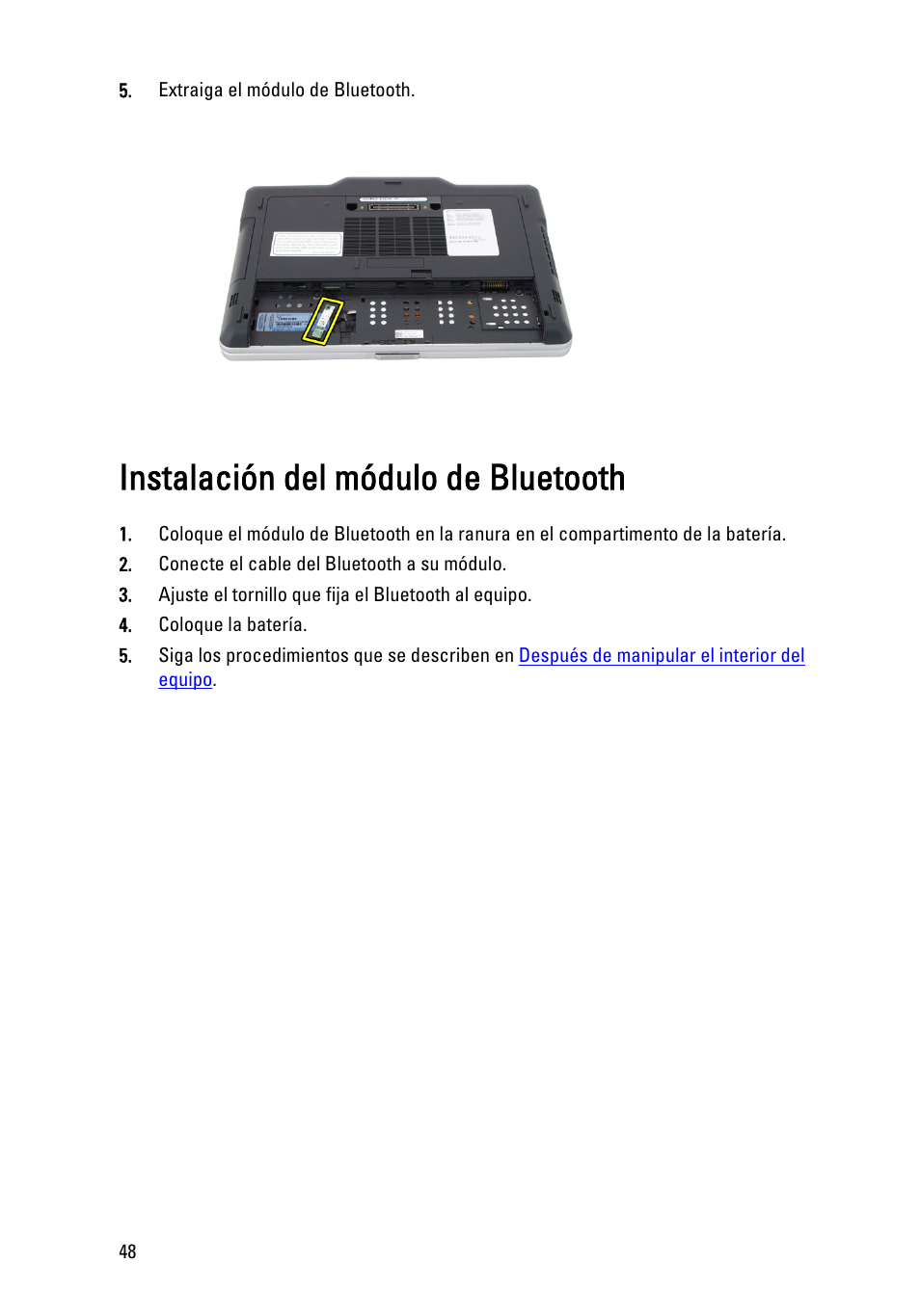Instalación del módulo de bluetooth | Dell Latitude XT3 (Mid 2011) User Manual | Page 48 / 155
