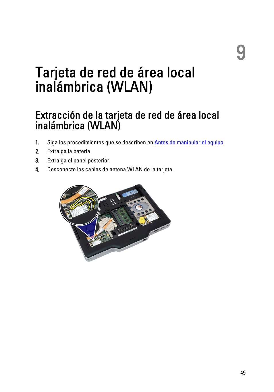 Tarjeta de red de área local inalámbrica (wlan), 9 tarjeta de red de área local inalámbrica (wlan) | Dell Latitude XT3 (Mid 2011) User Manual | Page 49 / 155