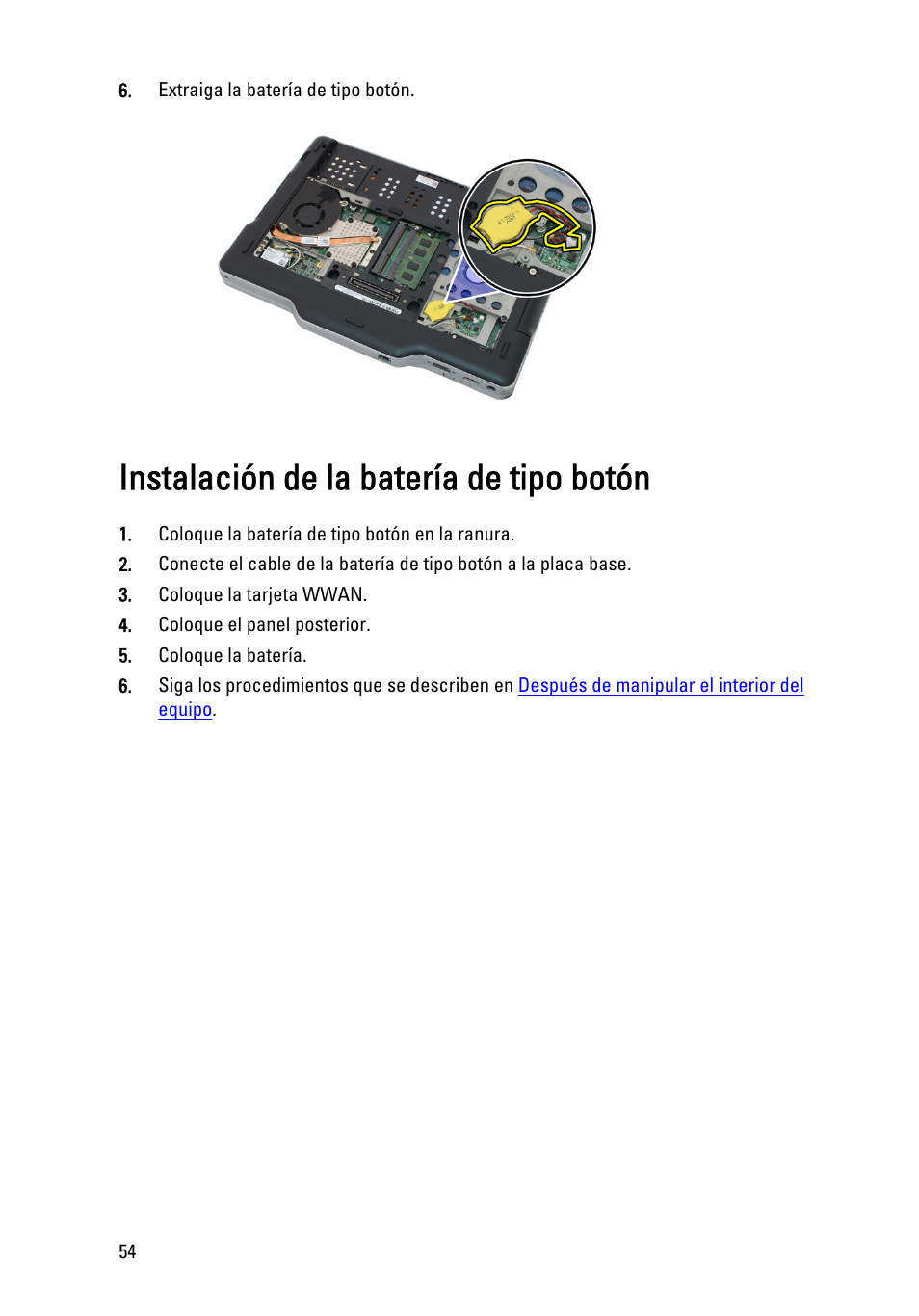 Instalación de la batería de tipo botón | Dell Latitude XT3 (Mid 2011) User Manual | Page 54 / 155