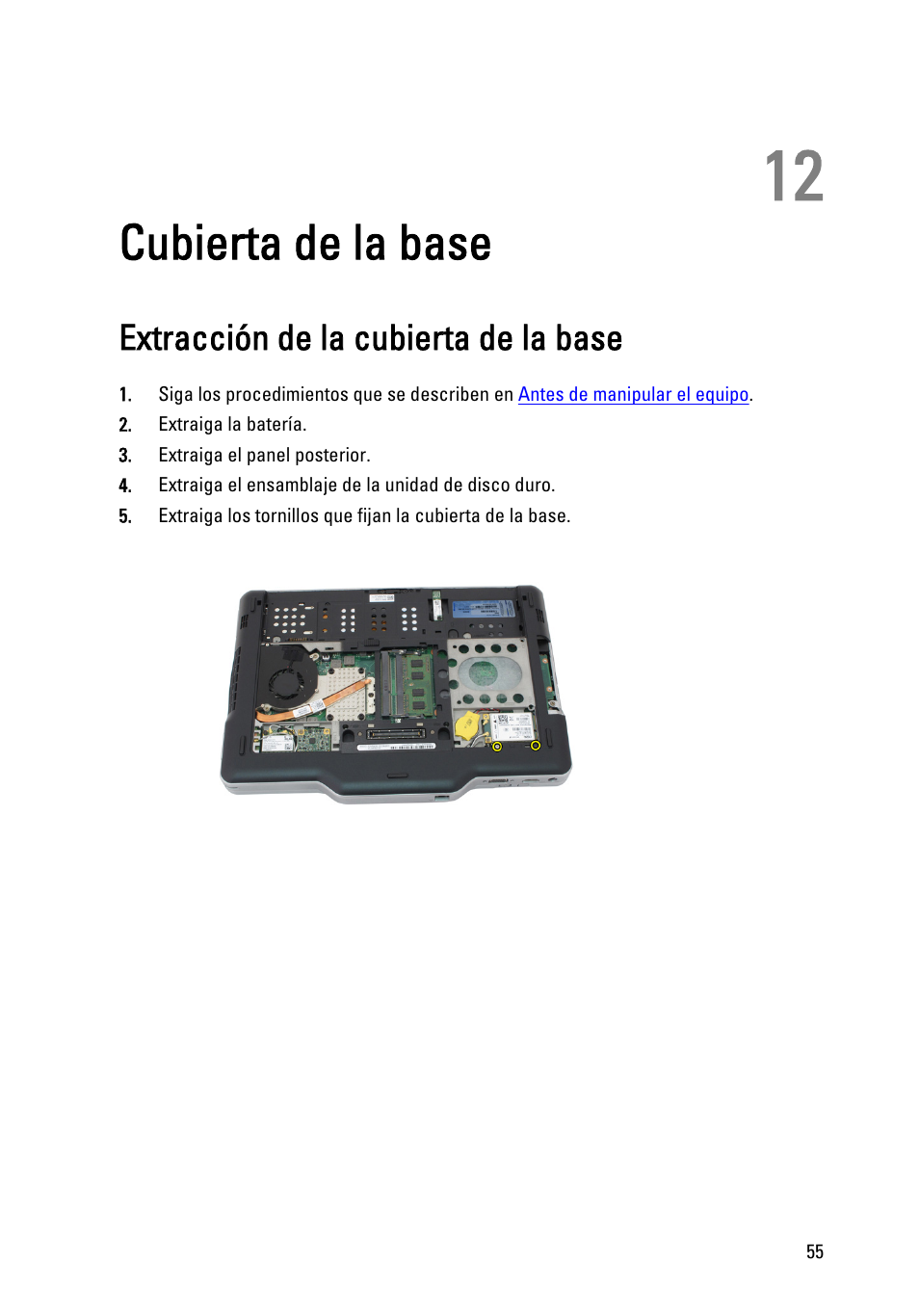 Cubierta de la base, Extracción de la cubierta de la base, 12 cubierta de la base | Dell Latitude XT3 (Mid 2011) User Manual | Page 55 / 155
