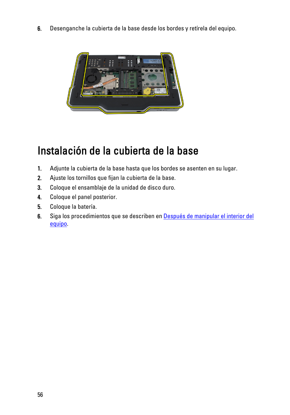 Instalación de la cubierta de la base | Dell Latitude XT3 (Mid 2011) User Manual | Page 56 / 155