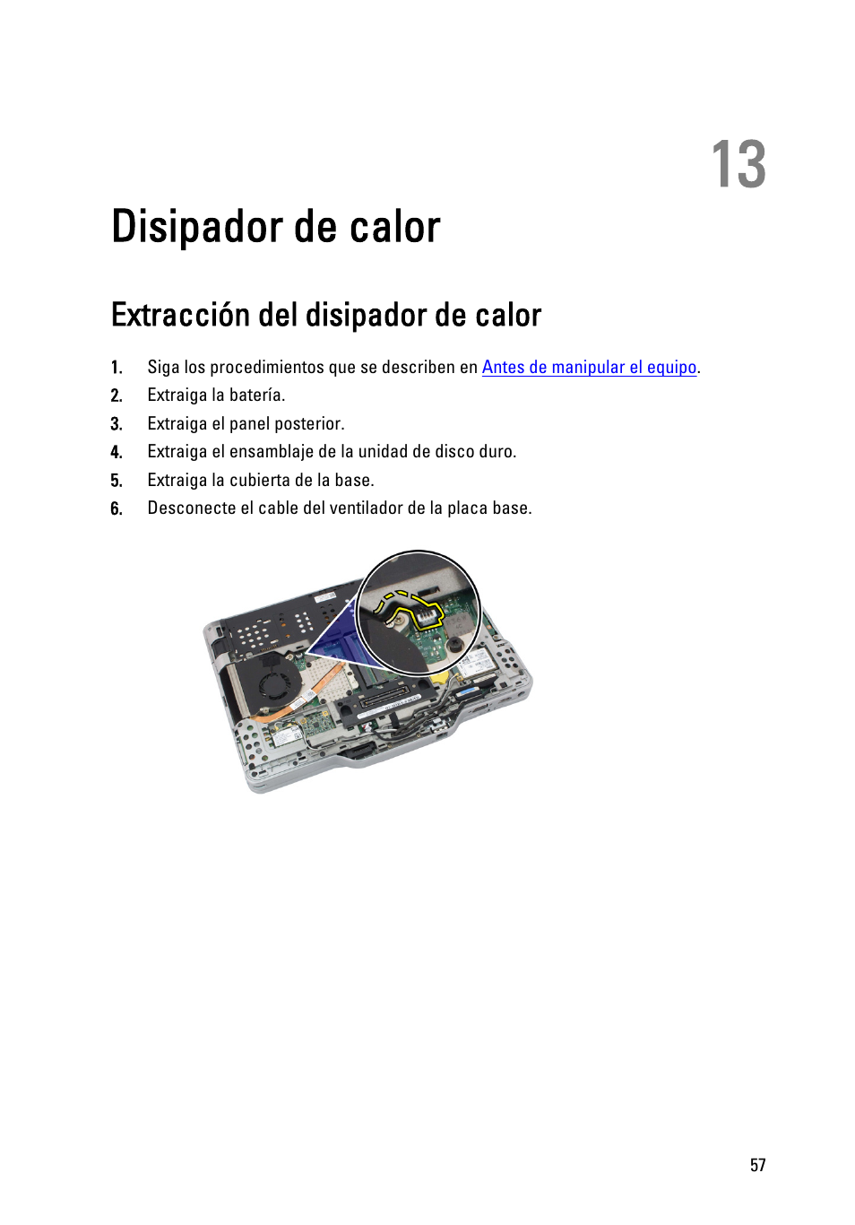 Disipador de calor, Extracción del disipador de calor, 13 disipador de calor | Dell Latitude XT3 (Mid 2011) User Manual | Page 57 / 155