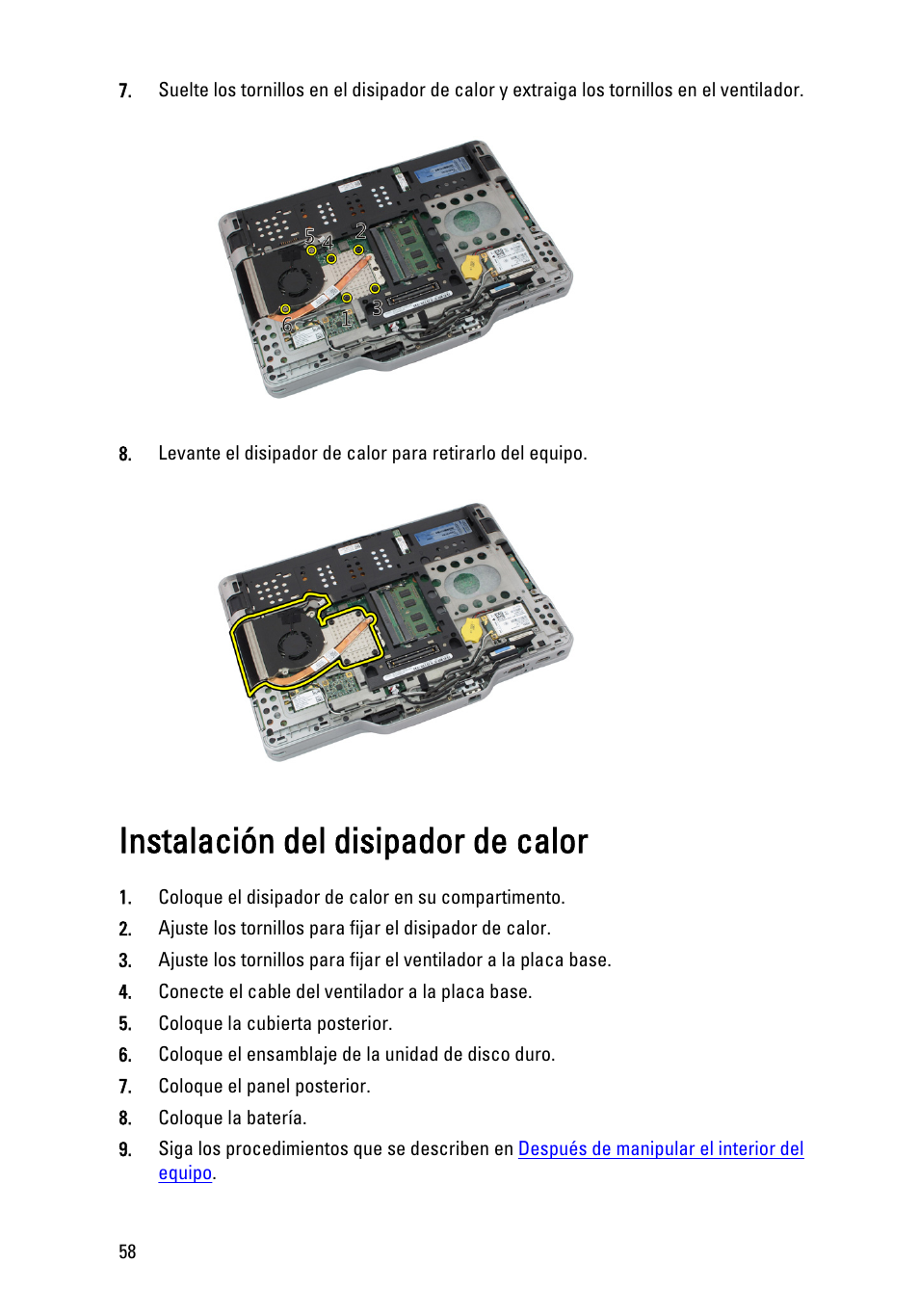 Instalación del disipador de calor | Dell Latitude XT3 (Mid 2011) User Manual | Page 58 / 155