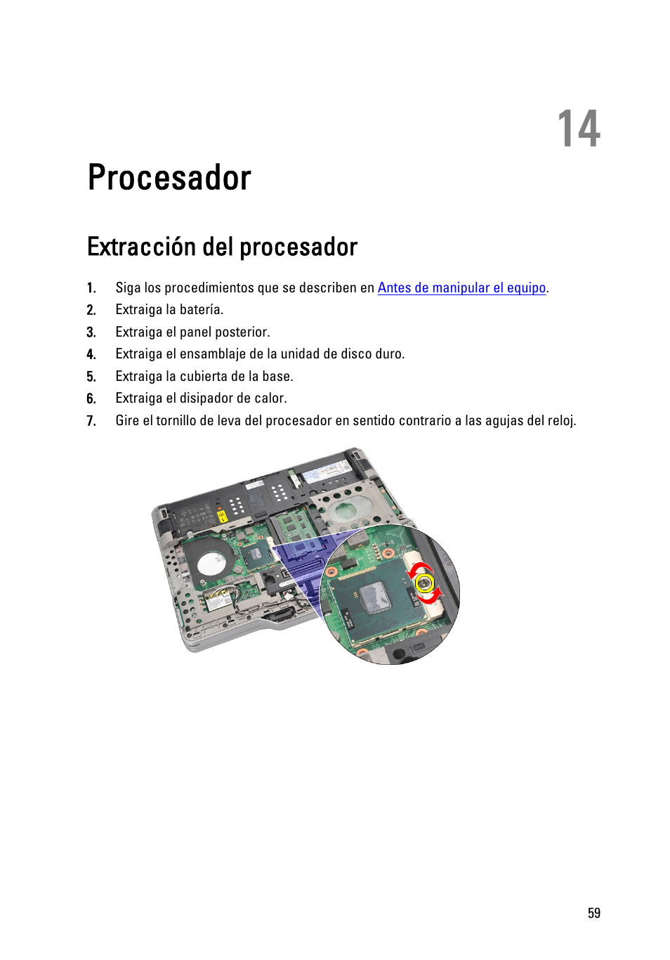 Procesador, Extracción del procesador, 14 procesador | Dell Latitude XT3 (Mid 2011) User Manual | Page 59 / 155