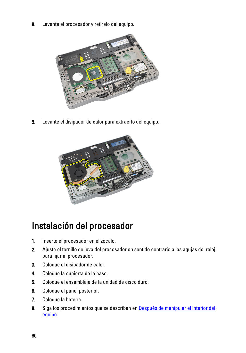 Instalación del procesador | Dell Latitude XT3 (Mid 2011) User Manual | Page 60 / 155
