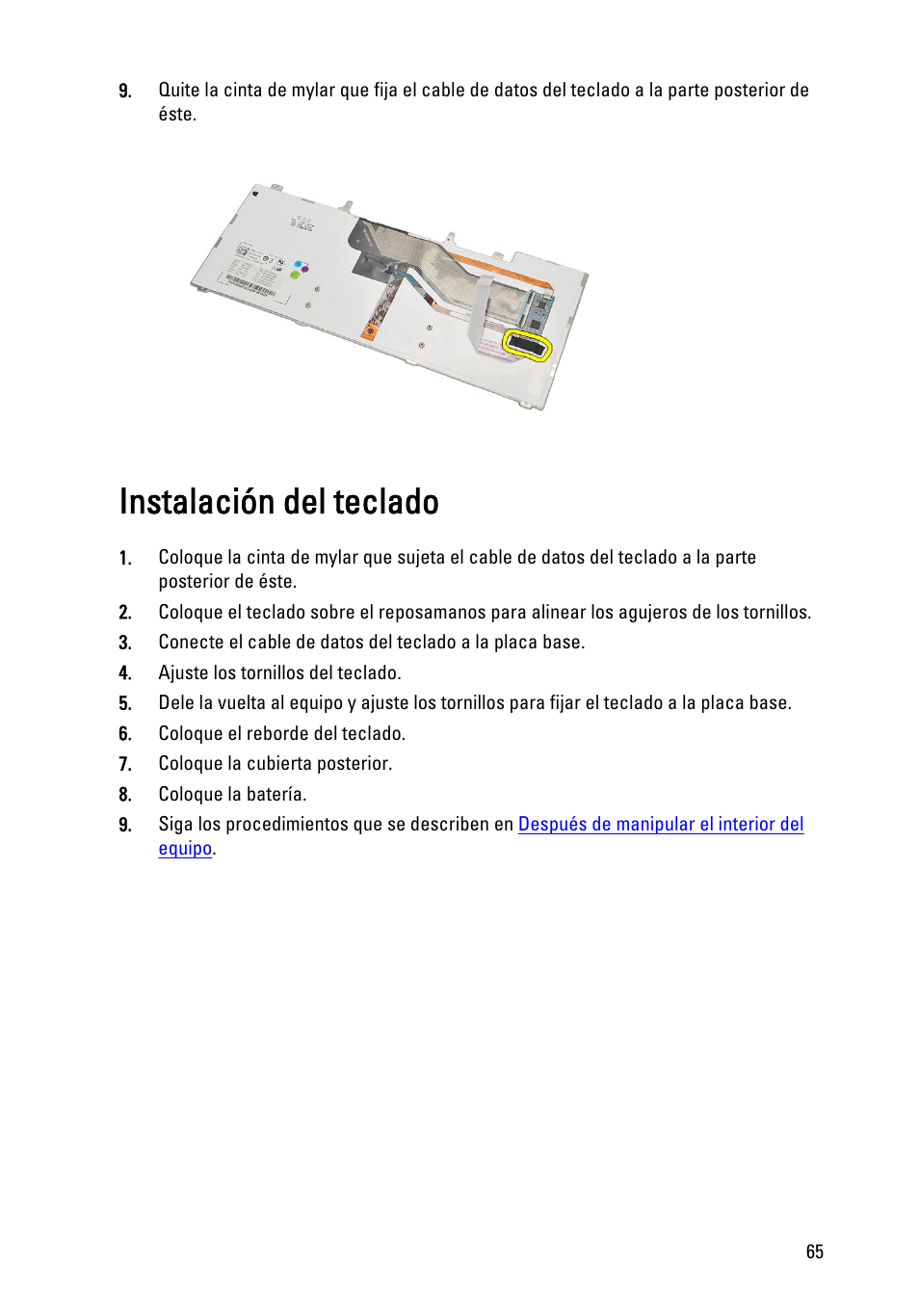 Instalación del teclado | Dell Latitude XT3 (Mid 2011) User Manual | Page 65 / 155