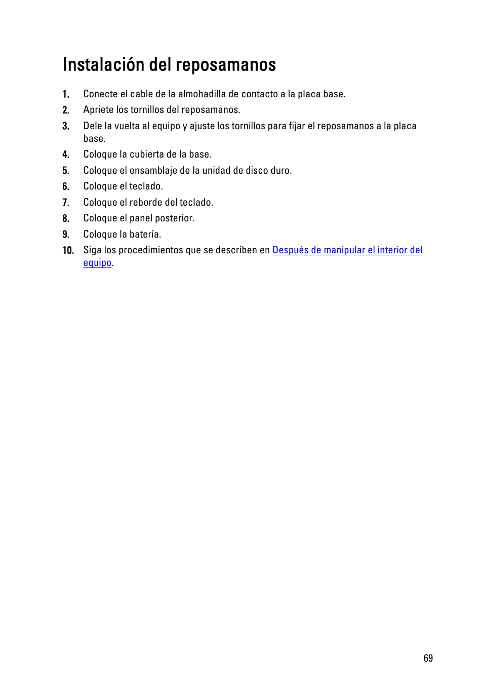Instalación del reposamanos | Dell Latitude XT3 (Mid 2011) User Manual | Page 69 / 155