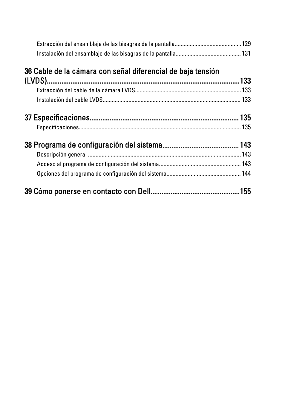 37 especificaciones, 38 programa de configuración del sistema, 39 cómo ponerse en contacto con dell | Dell Latitude XT3 (Mid 2011) User Manual | Page 8 / 155