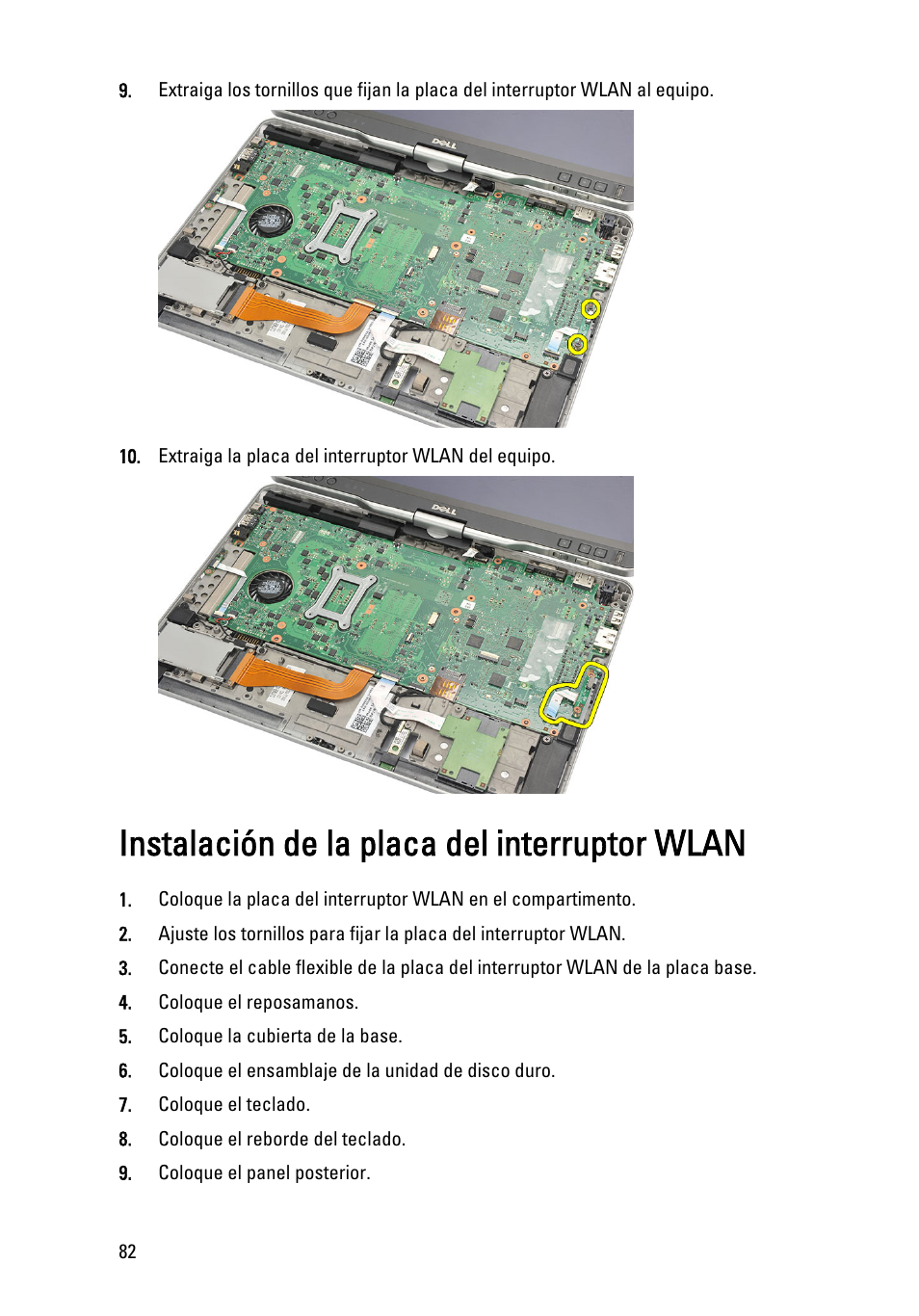 Instalación de la placa del interruptor wlan | Dell Latitude XT3 (Mid 2011) User Manual | Page 82 / 155