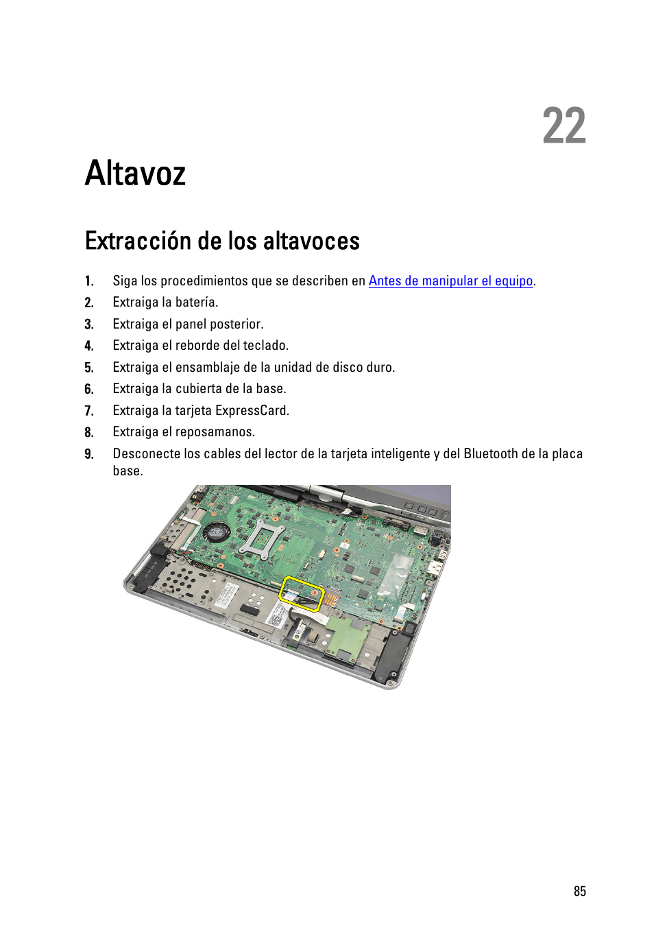 Altavoz, Extracción de los altavoces, 22 altavoz | Dell Latitude XT3 (Mid 2011) User Manual | Page 85 / 155