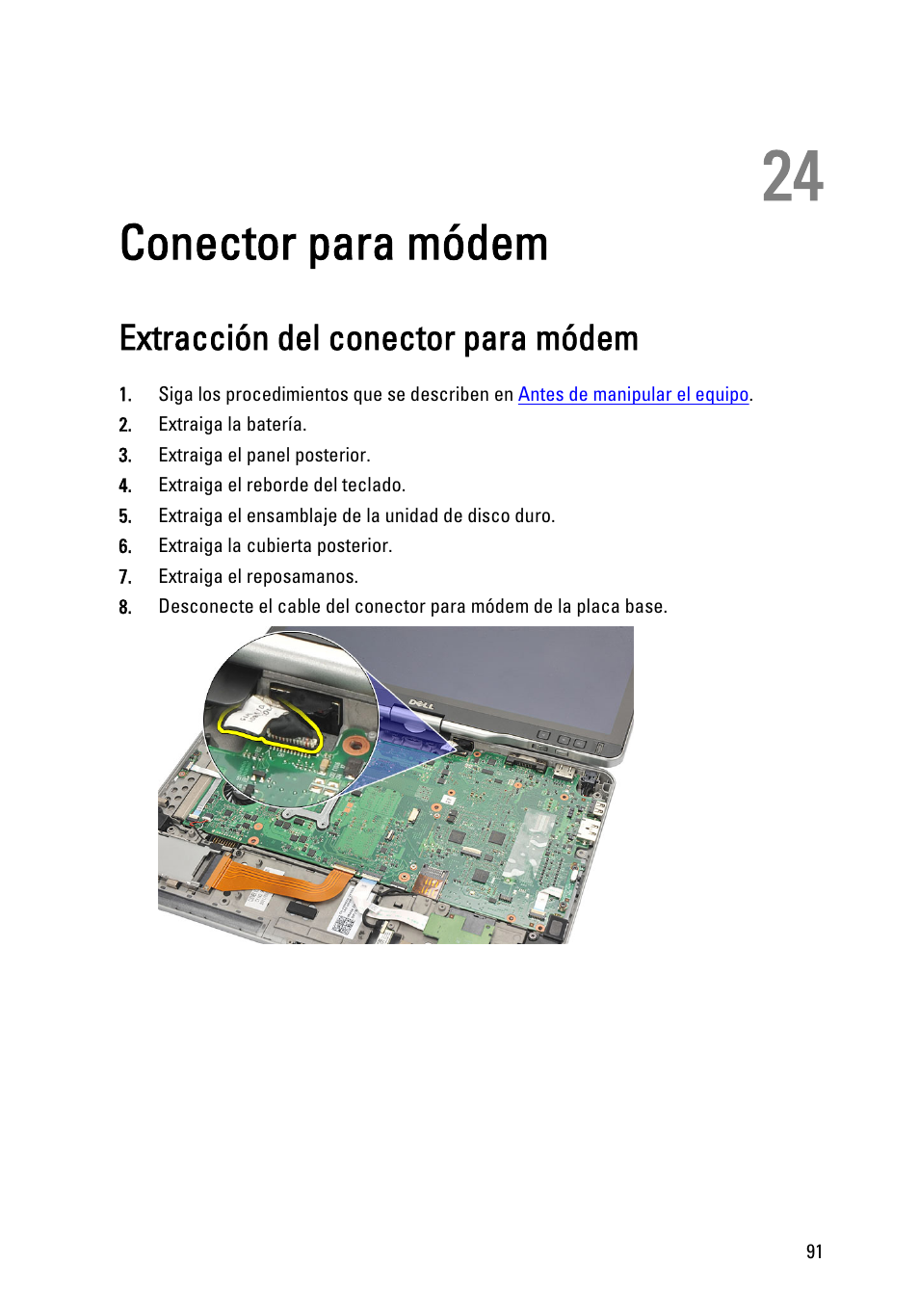 Conector para módem, Extracción del conector para módem, 24 conector para módem | Dell Latitude XT3 (Mid 2011) User Manual | Page 91 / 155