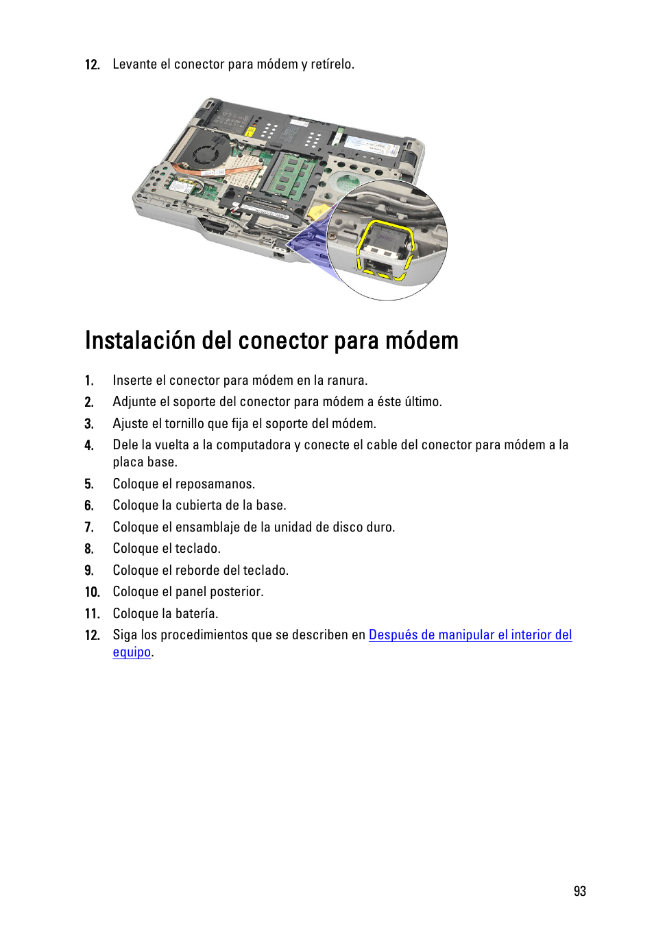 Instalación del conector para módem | Dell Latitude XT3 (Mid 2011) User Manual | Page 93 / 155