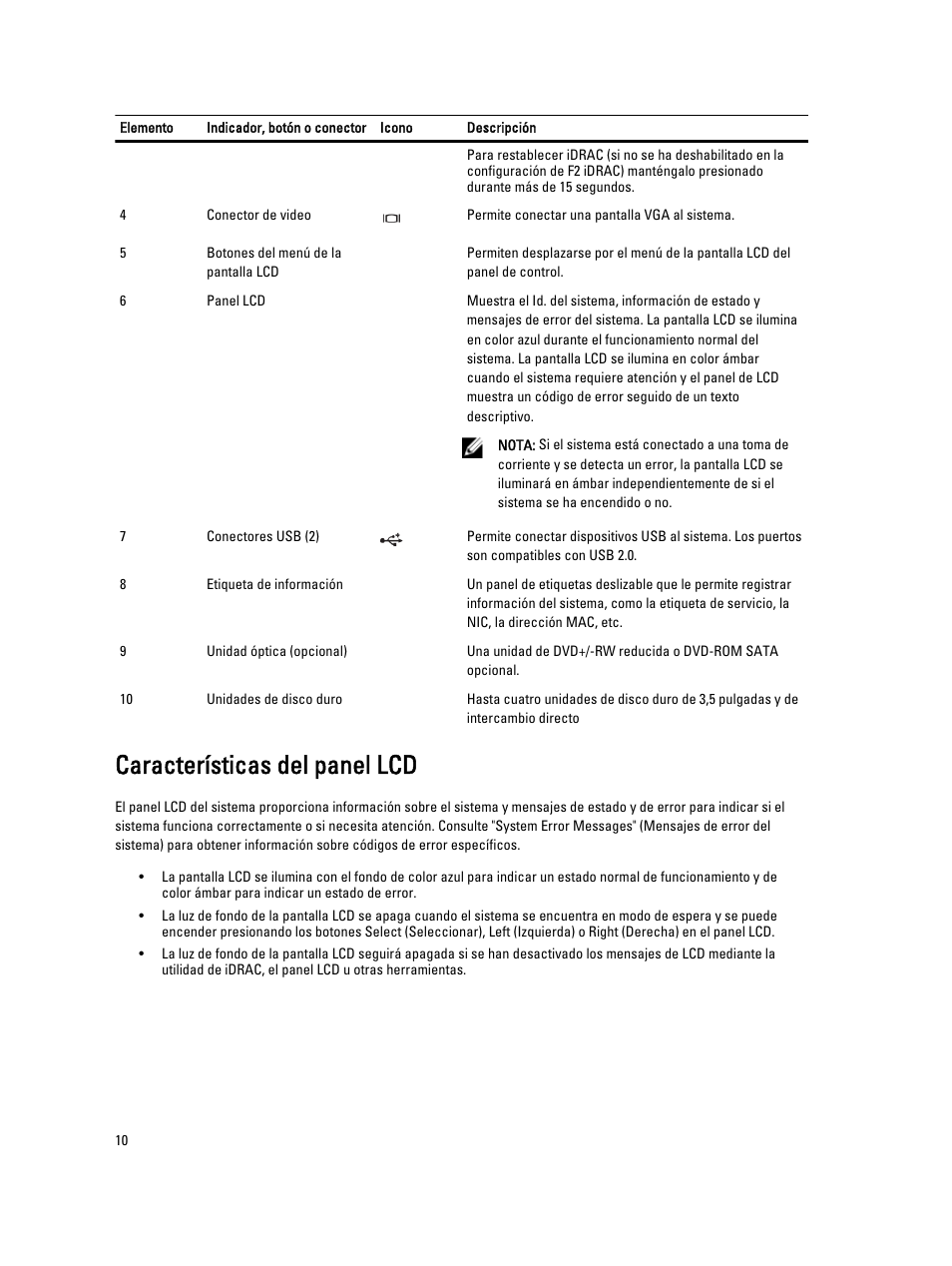 Características del panel lcd | Dell PowerVault DX6104 User Manual | Page 10 / 139