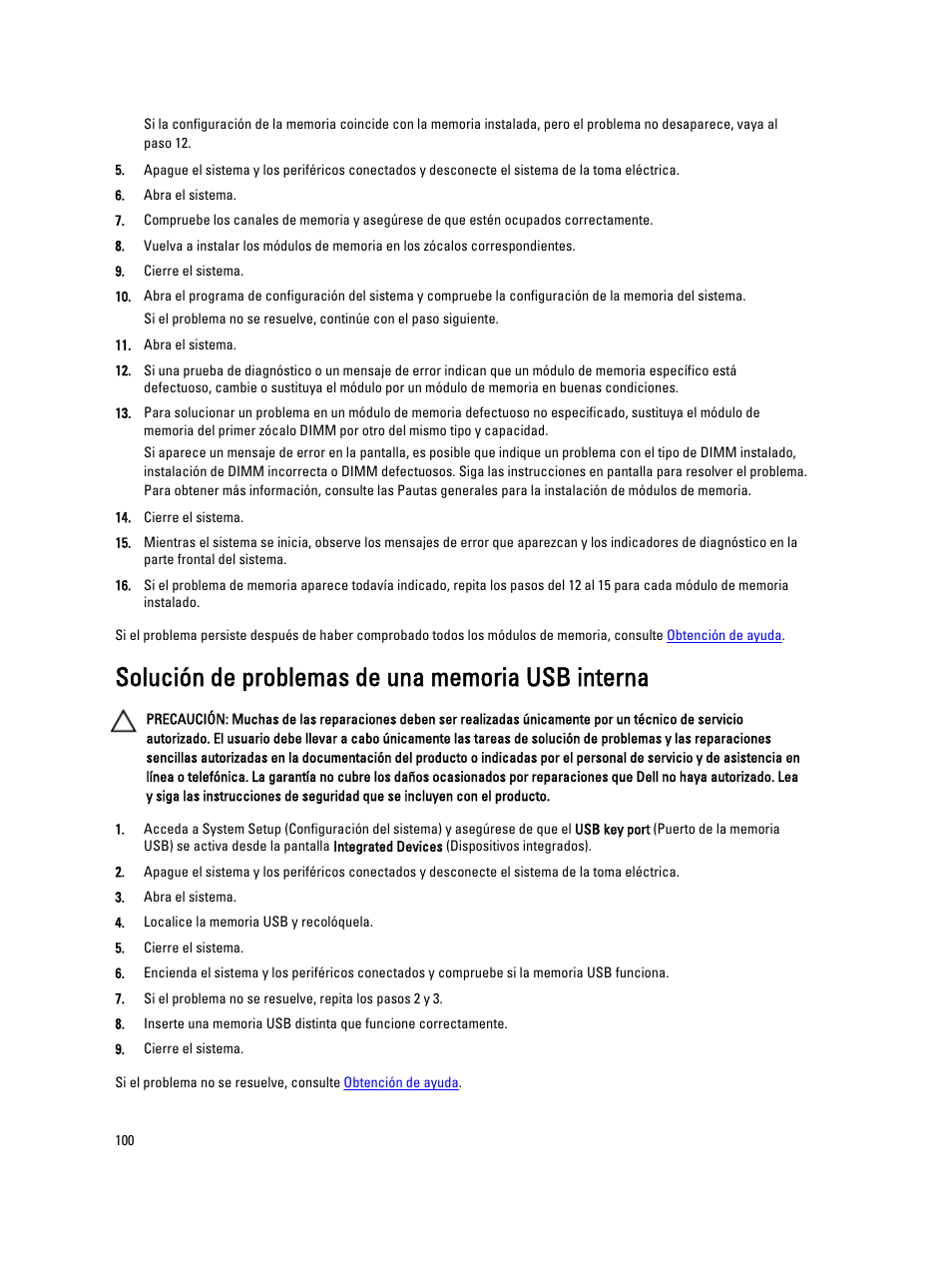 Solución de problemas de una memoria usb interna | Dell PowerVault DX6104 User Manual | Page 100 / 139
