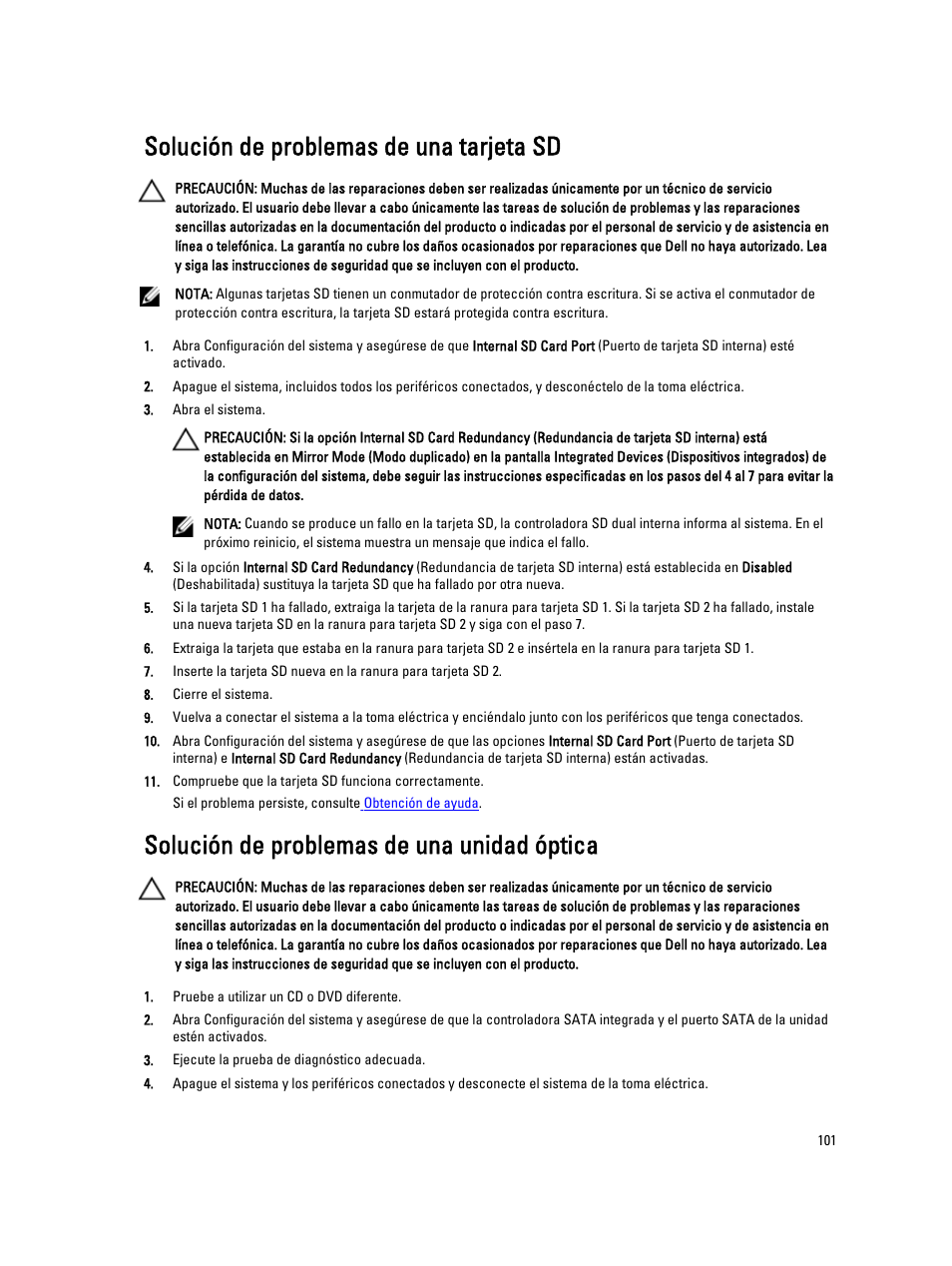 Solución de problemas de una tarjeta sd, Solución de problemas de una unidad óptica | Dell PowerVault DX6104 User Manual | Page 101 / 139
