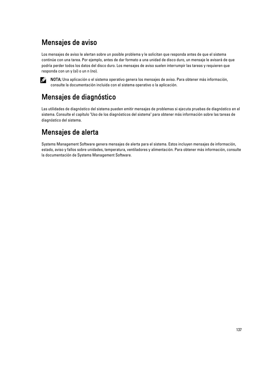 Mensajes de aviso, Mensajes de diagnóstico, Mensajes de alerta | Dell PowerVault DX6104 User Manual | Page 137 / 139