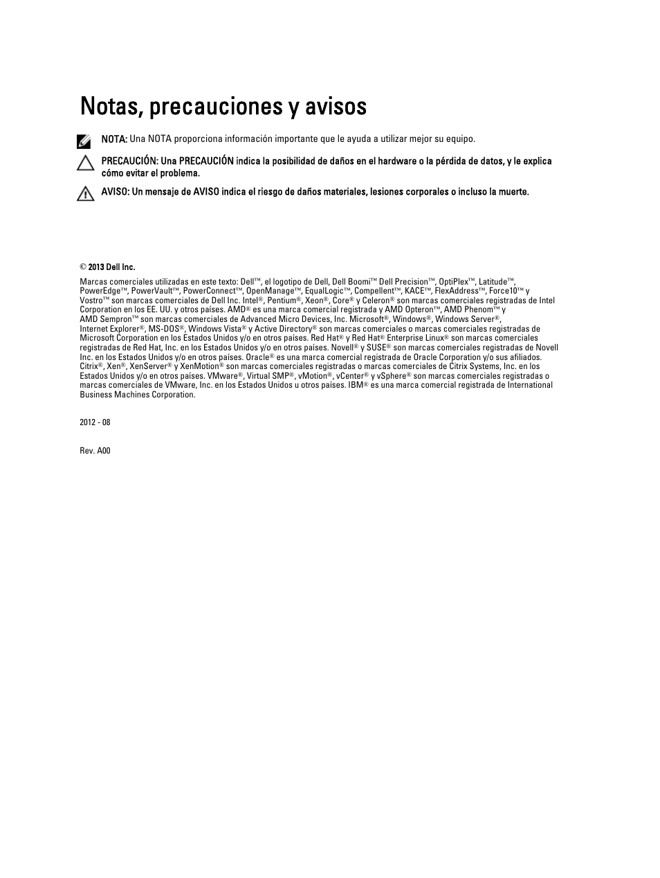 Notas, precauciones y avisos | Dell PowerVault DX6104 User Manual | Page 2 / 139