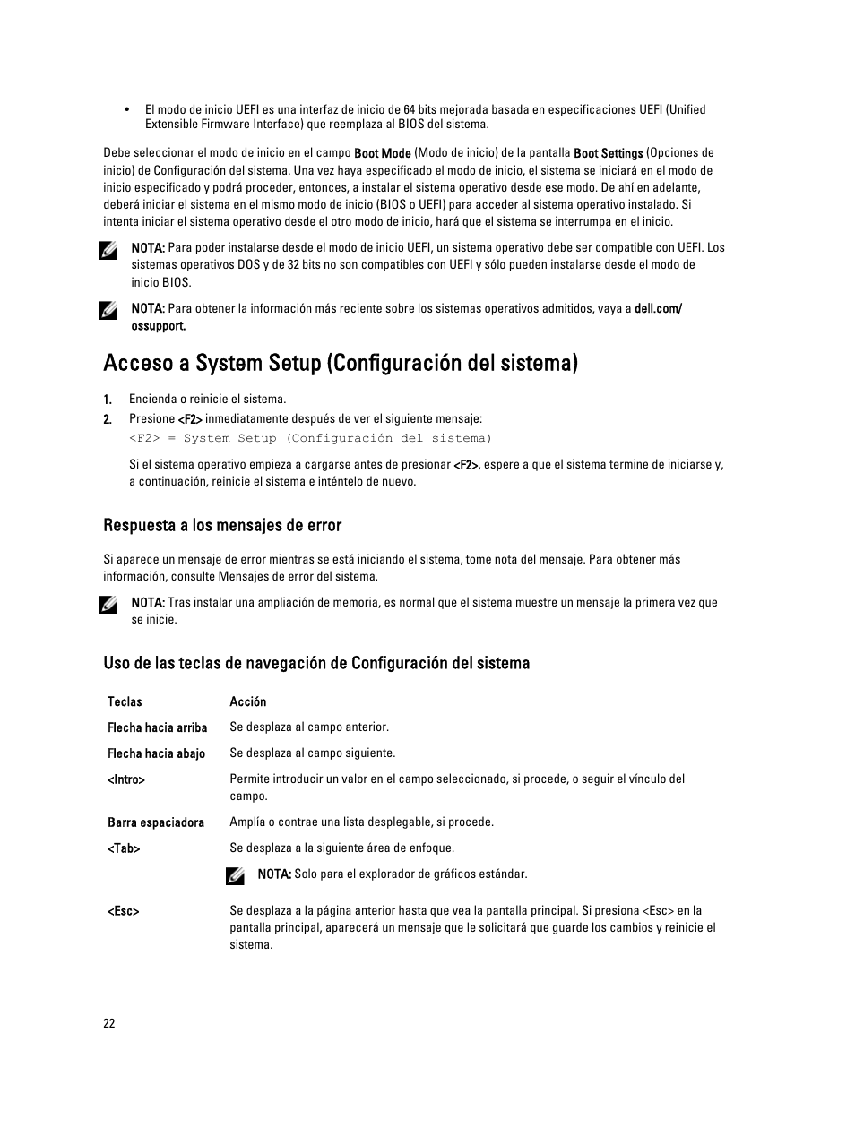 Acceso a system setup (configuración del sistema), Respuesta a los mensajes de error | Dell PowerVault DX6104 User Manual | Page 22 / 139