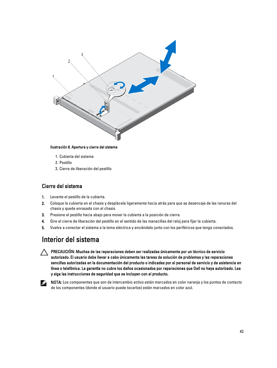 Cierre del sistema, Interior del sistema | Dell PowerVault DX6104 User Manual | Page 43 / 139