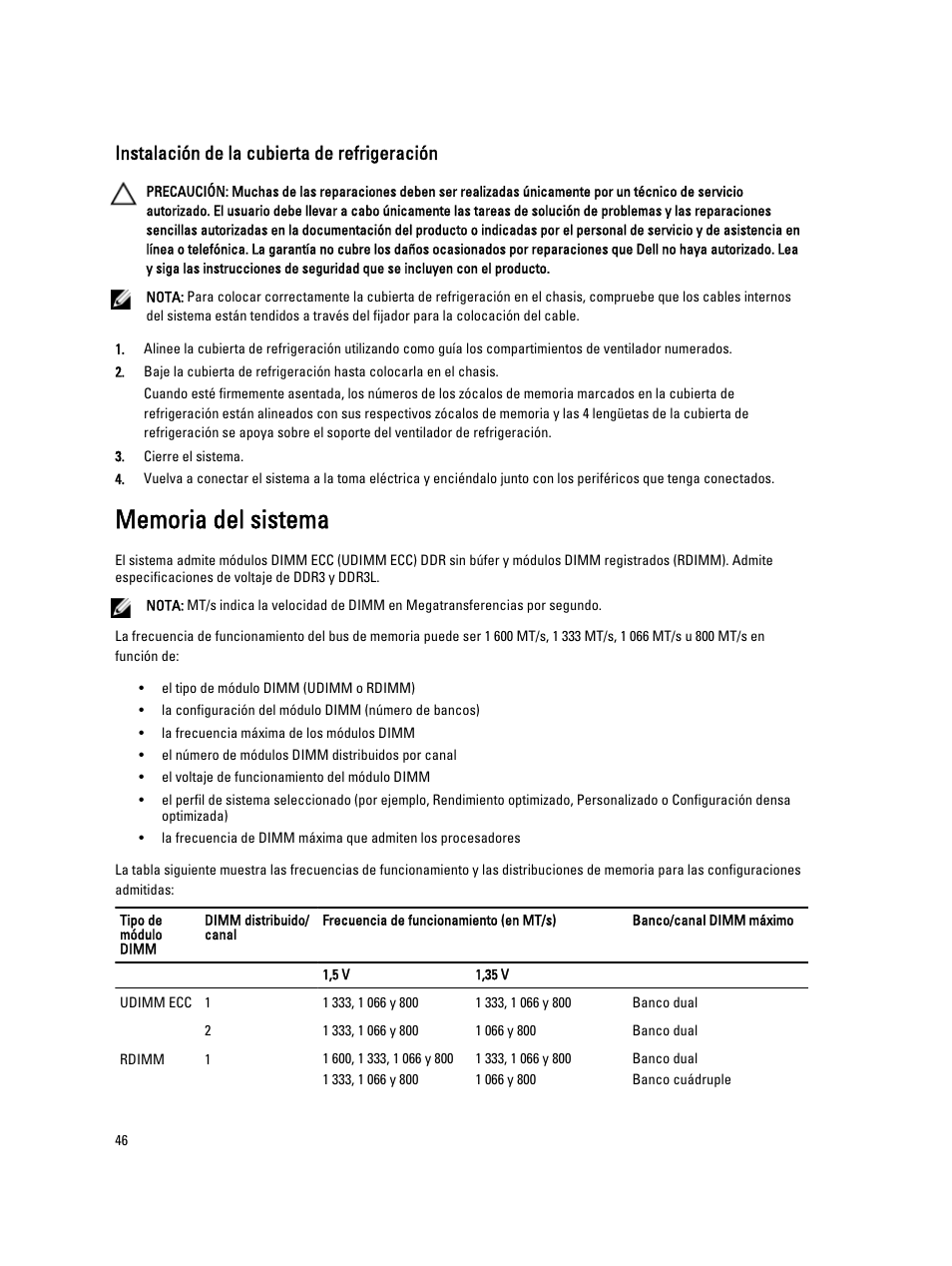 Instalación de la cubierta de refrigeración, Memoria del sistema | Dell PowerVault DX6104 User Manual | Page 46 / 139