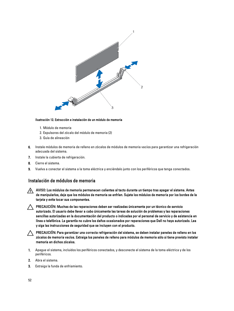 Instalación de módulos de memoria | Dell PowerVault DX6104 User Manual | Page 52 / 139