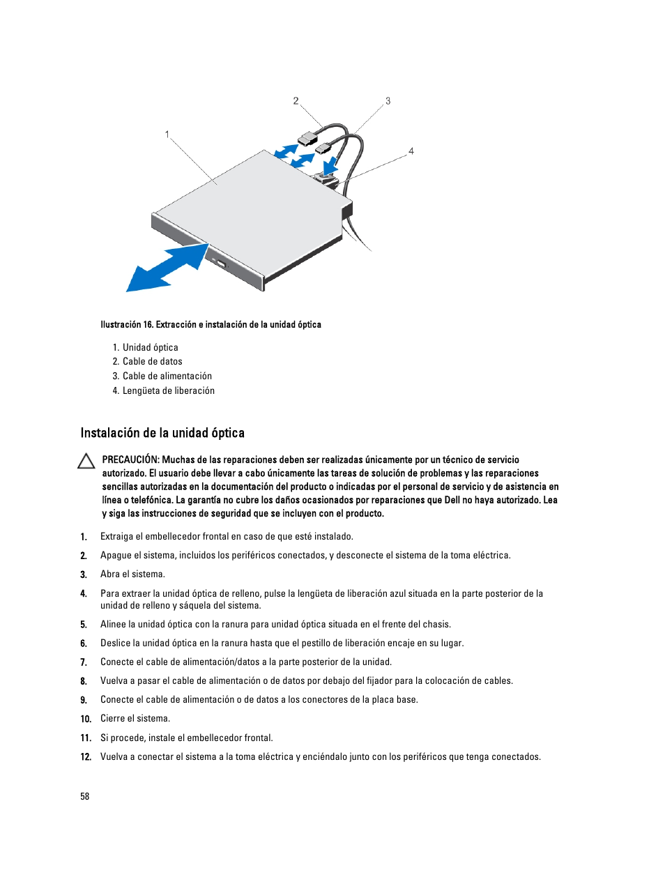 Instalación de la unidad óptica | Dell PowerVault DX6104 User Manual | Page 58 / 139