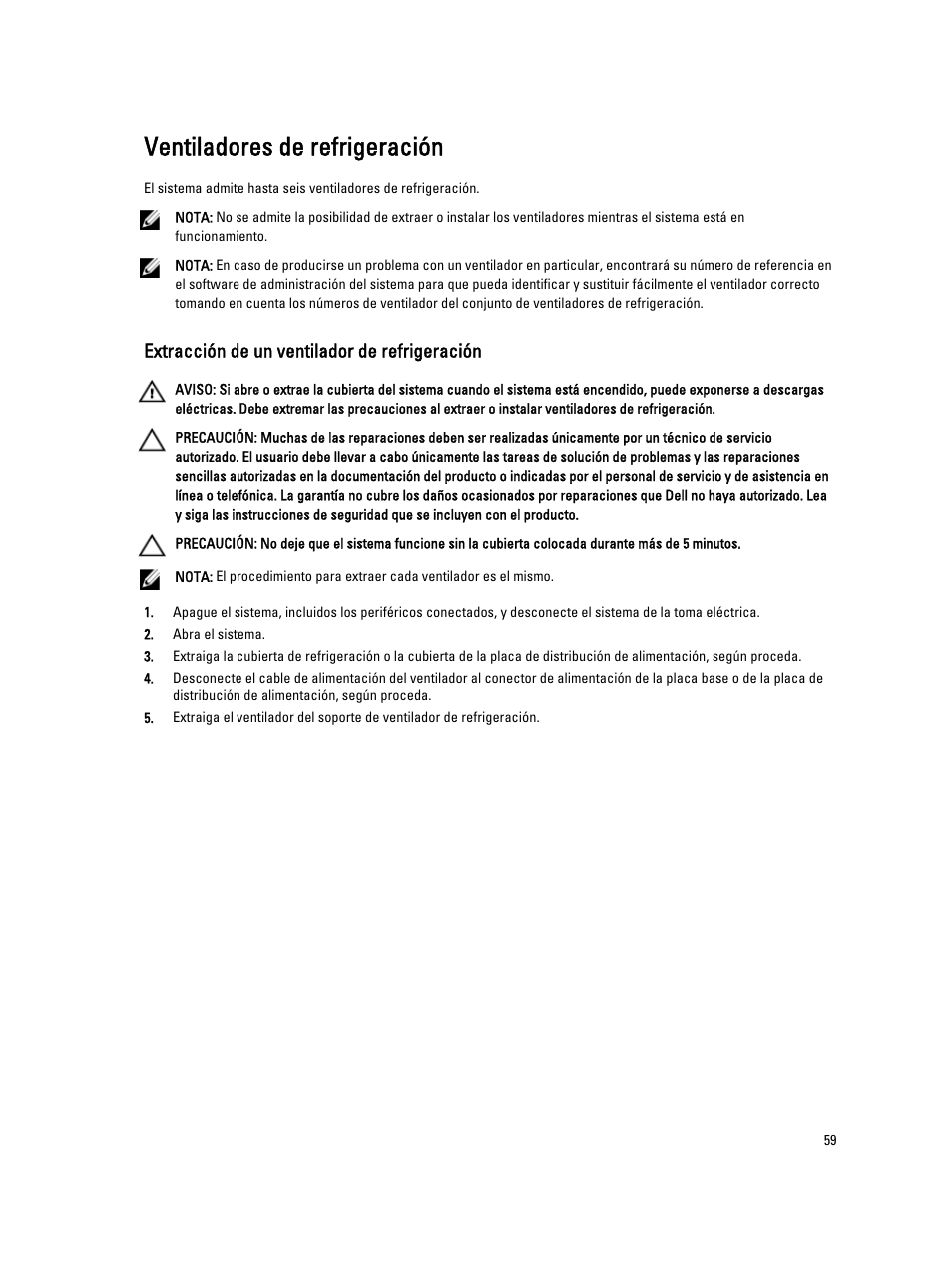 Ventiladores de refrigeración, Extracción de un ventilador de refrigeración | Dell PowerVault DX6104 User Manual | Page 59 / 139