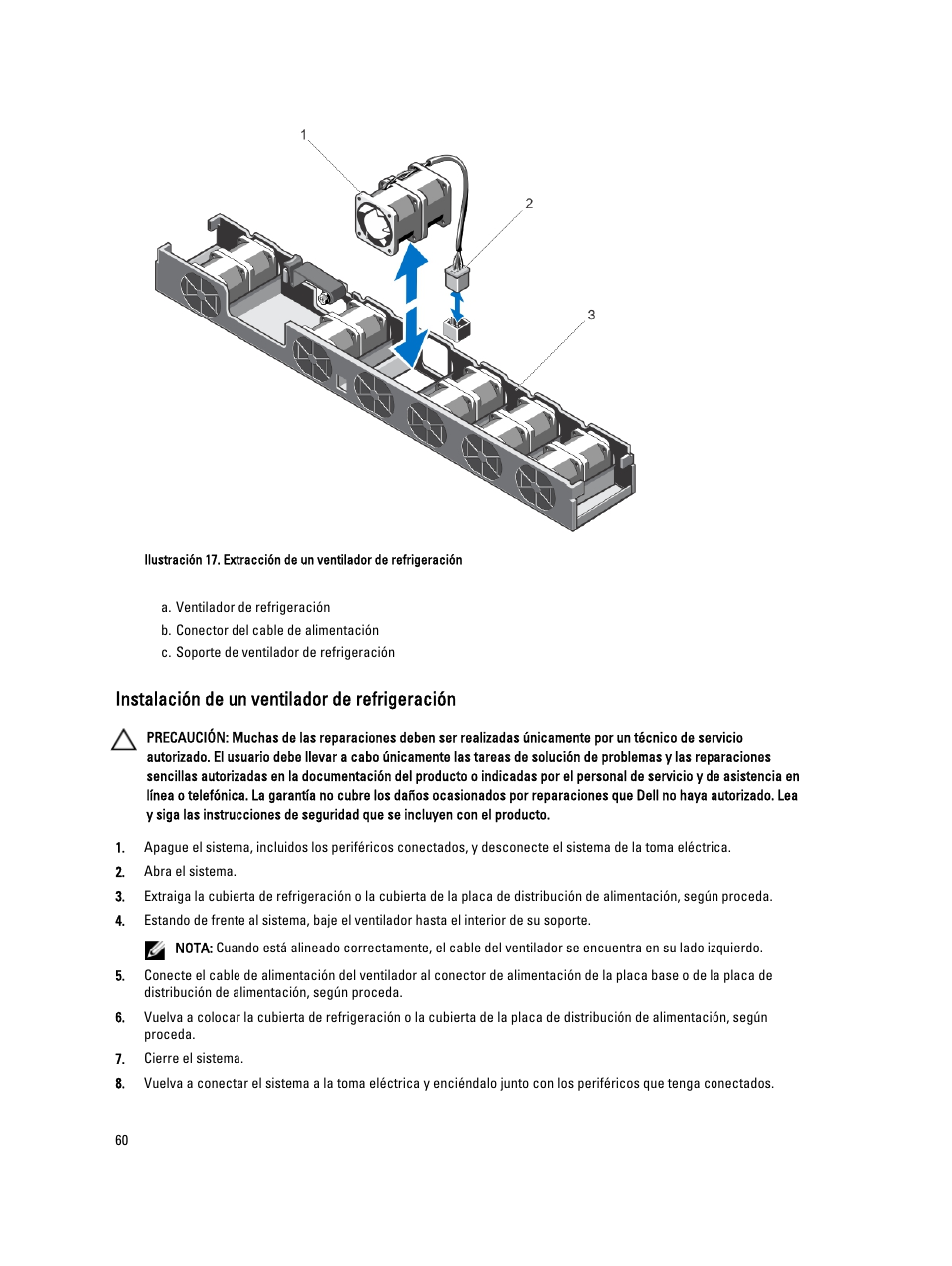 Instalación de un ventilador de refrigeración | Dell PowerVault DX6104 User Manual | Page 60 / 139