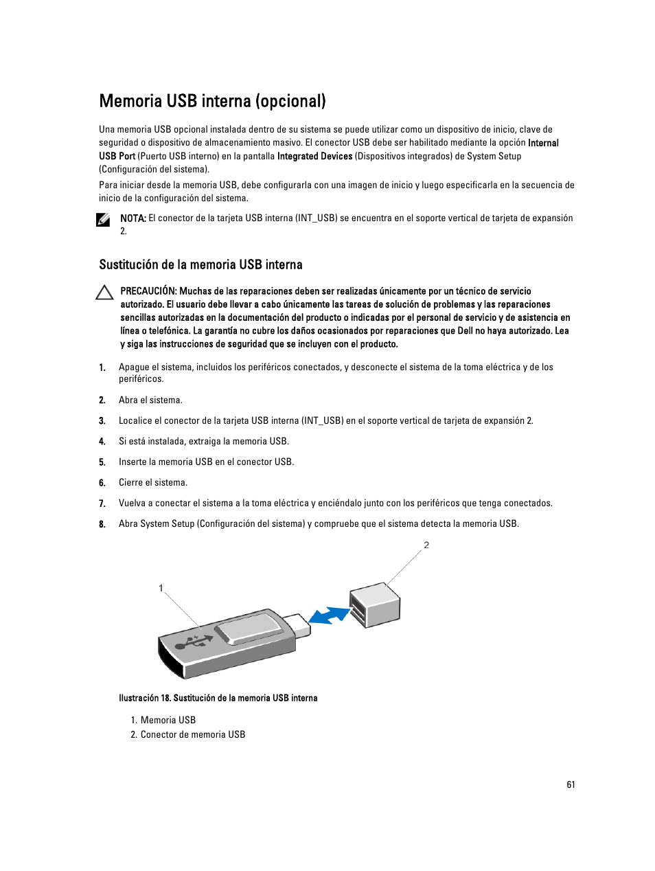Memoria usb interna (opcional), Sustitución de la memoria usb interna | Dell PowerVault DX6104 User Manual | Page 61 / 139