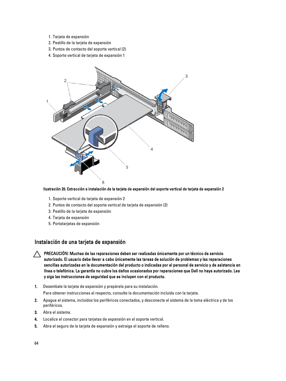 Instalación de una tarjeta de expansión | Dell PowerVault DX6104 User Manual | Page 64 / 139