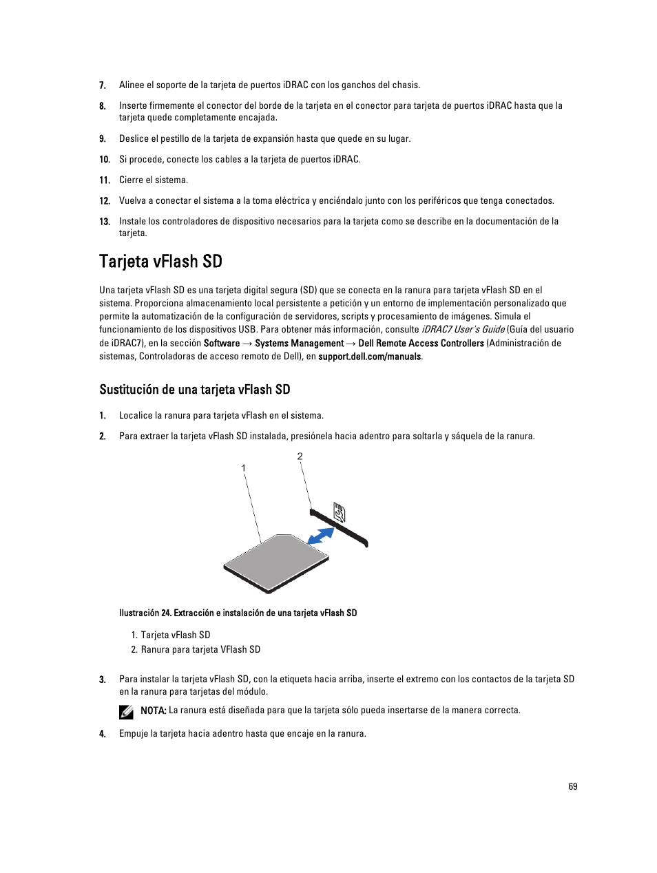 Tarjeta vflash sd, Sustitución de una tarjeta vflash sd | Dell PowerVault DX6104 User Manual | Page 69 / 139