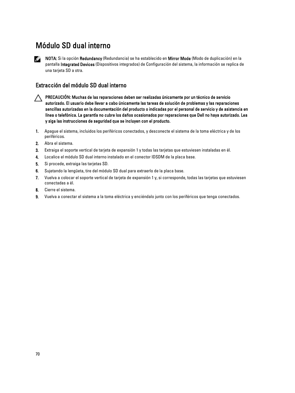 Módulo sd dual interno, Extracción del módulo sd dual interno | Dell PowerVault DX6104 User Manual | Page 70 / 139