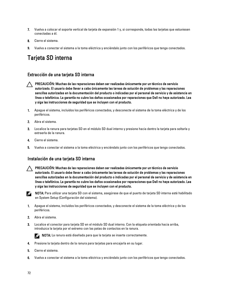 Tarjeta sd interna, Extracción de una tarjeta sd interna, Instalación de una tarjeta sd interna | Dell PowerVault DX6104 User Manual | Page 72 / 139