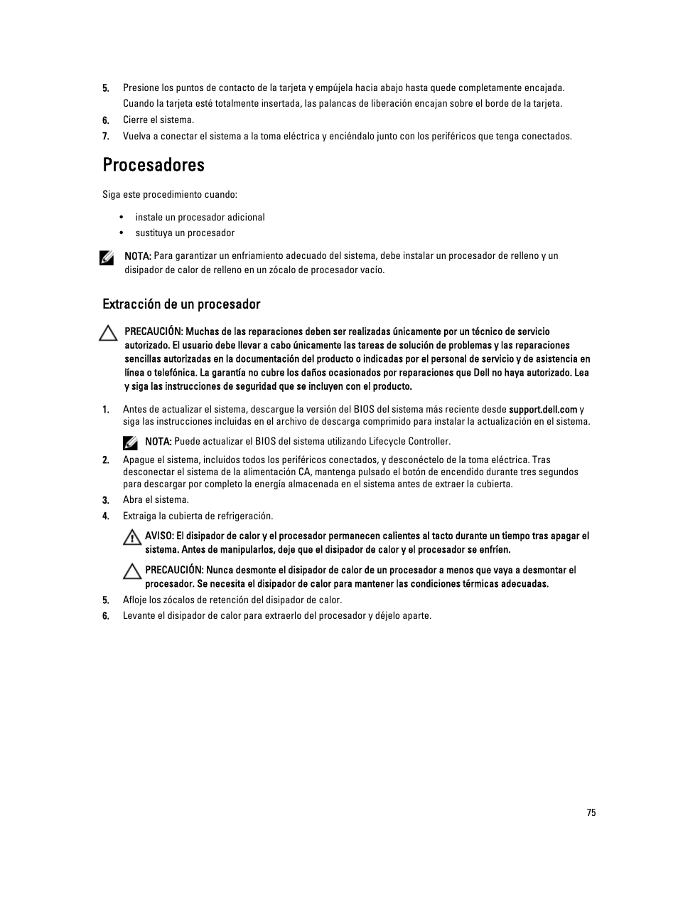 Procesadores, Extracción de un procesador | Dell PowerVault DX6104 User Manual | Page 75 / 139