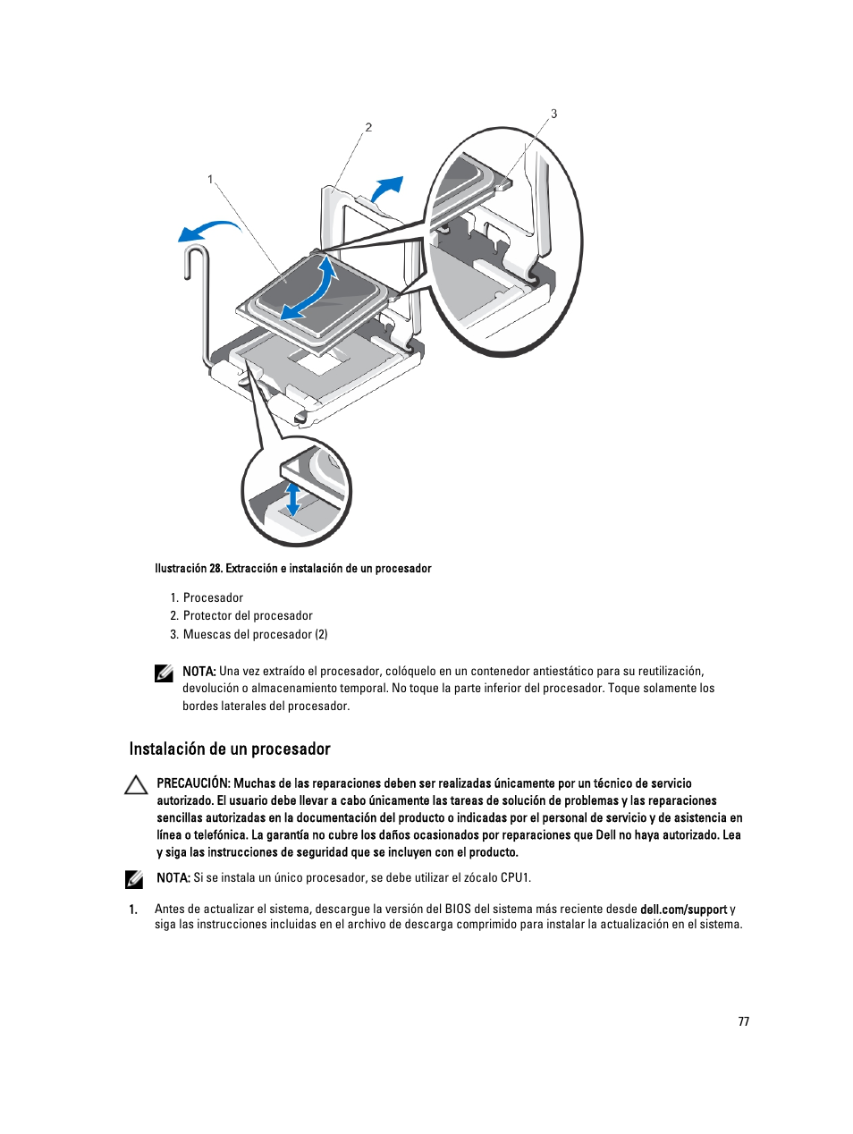 Instalación de un procesador | Dell PowerVault DX6104 User Manual | Page 77 / 139