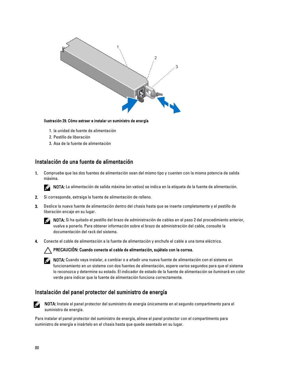 Instalación de una fuente de alimentación | Dell PowerVault DX6104 User Manual | Page 80 / 139