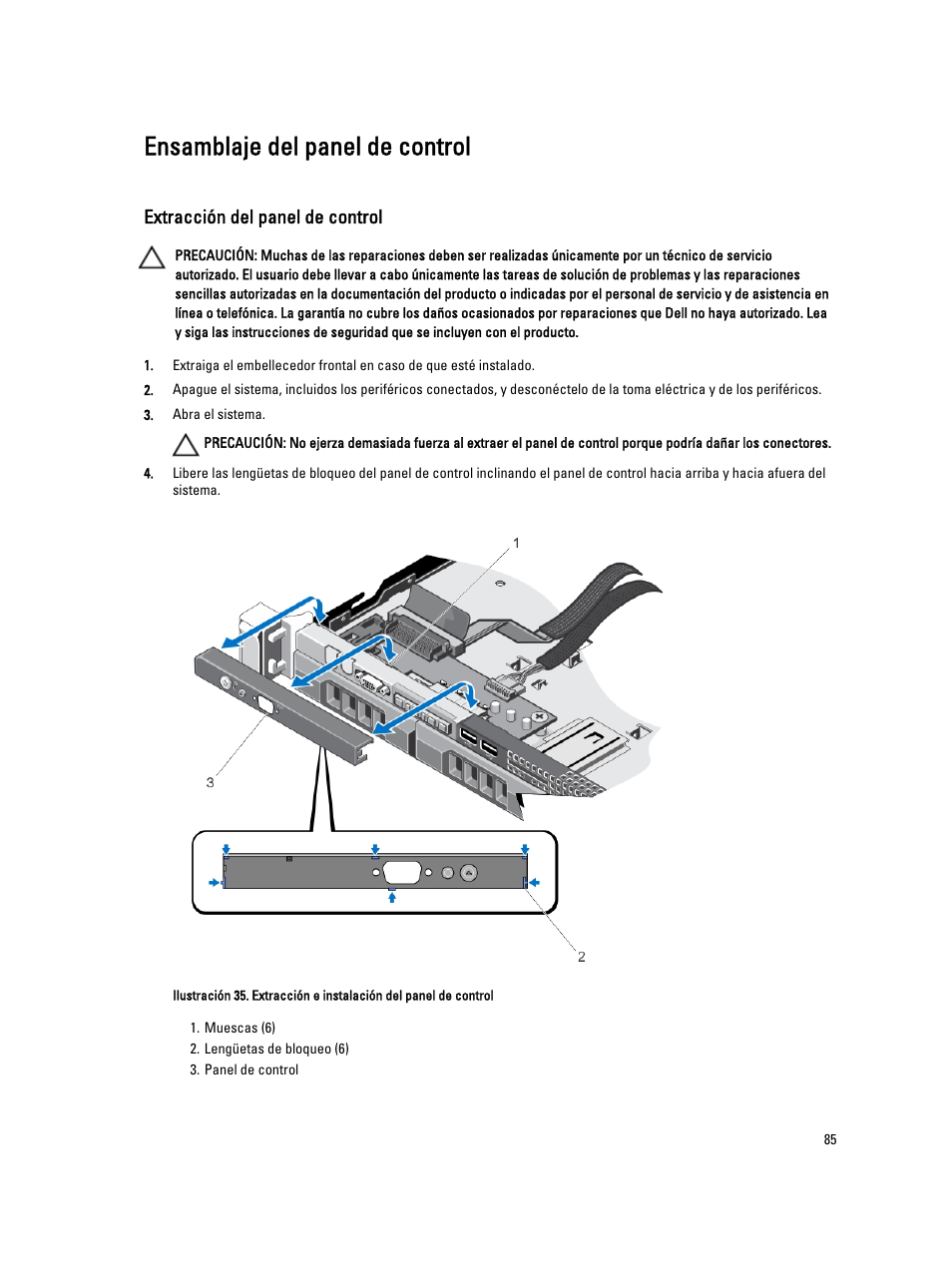Ensamblaje del panel de control, Extracción del panel de control | Dell PowerVault DX6104 User Manual | Page 85 / 139