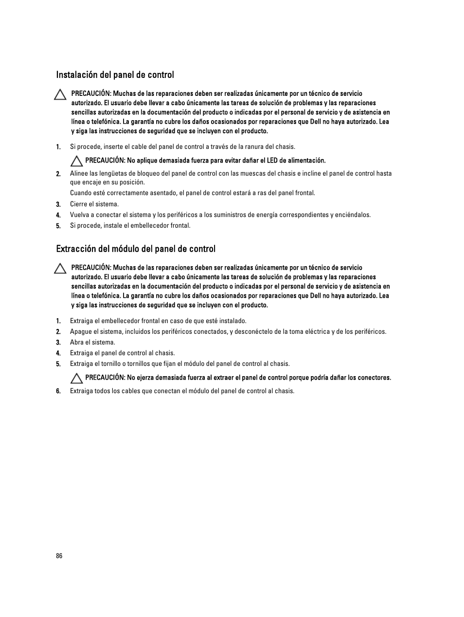 Instalación del panel de control, Extracción del módulo del panel de control | Dell PowerVault DX6104 User Manual | Page 86 / 139