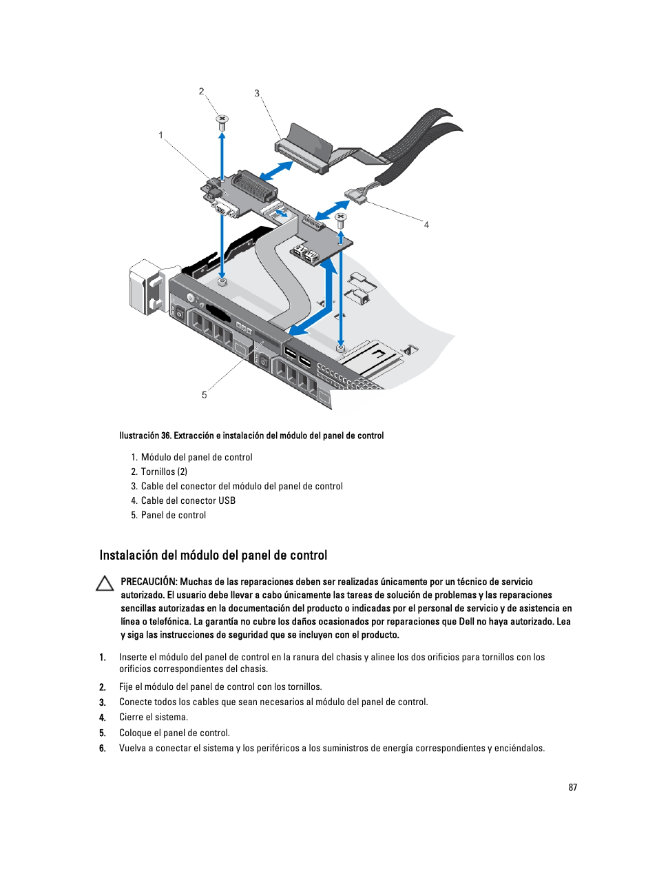 Instalación del módulo del panel de control | Dell PowerVault DX6104 User Manual | Page 87 / 139