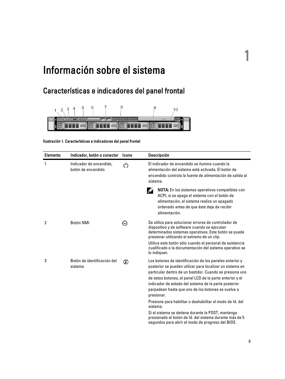 Información sobre el sistema, Características e indicadores del panel frontal, Capítulo 1: información sobre el sistema | Dell PowerVault DX6104 User Manual | Page 9 / 139